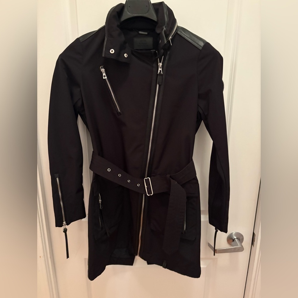 RUDSAK Moira Black Belted Jacket Hidden Hood Leather Trim Size XS - Picture 6 of 16
